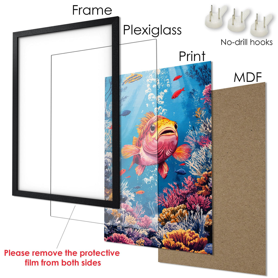 Framed Poster featuring a vibrant underwater scene with a colorful fish. Artistic style, blue and coral palette. Perfect wall art!