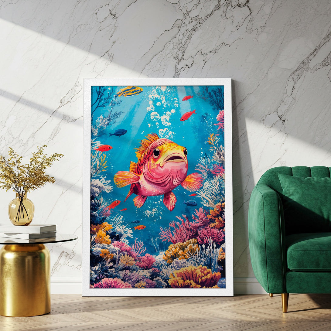 Framed Poster featuring a vibrant watercolor fish in a coral reef scene. Blue, pink, and orange color palette. Perfect wall art!