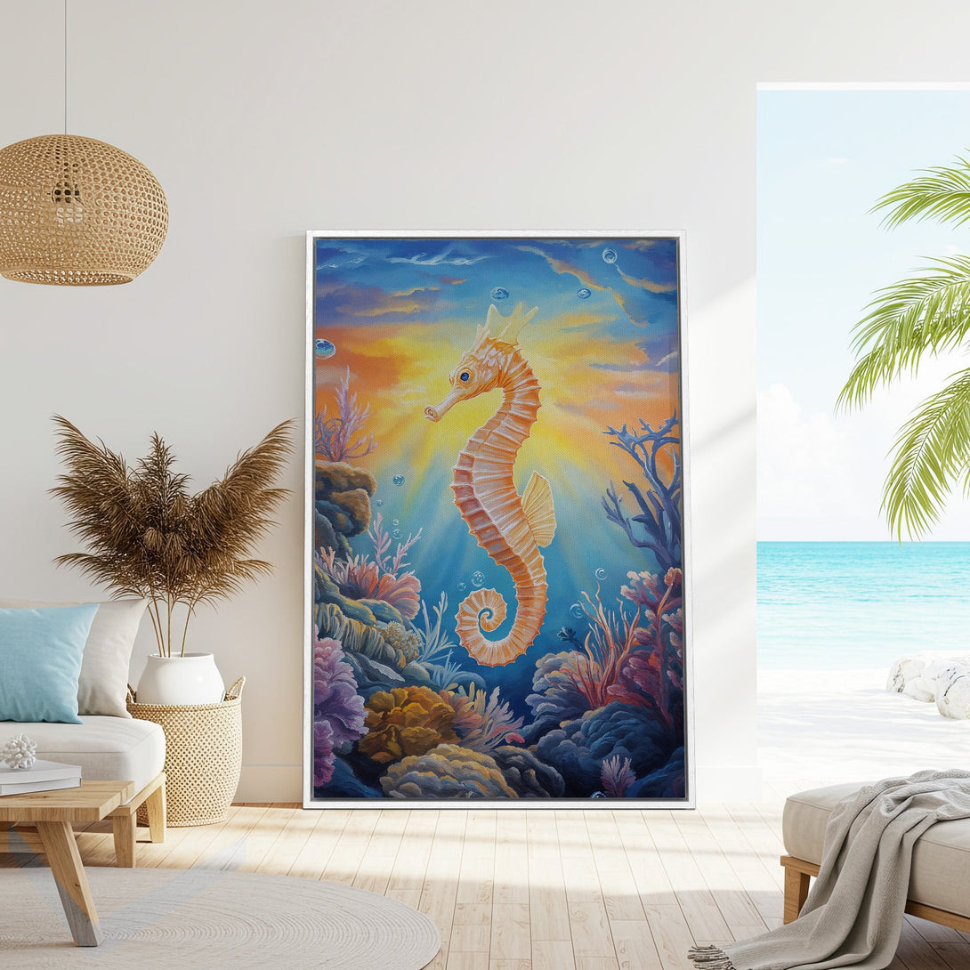 Framed Wall Art: Vibrant seahorse painting in a coastal interior. Features a colorful underwater scene with coral, in a warm blue and orange palette.