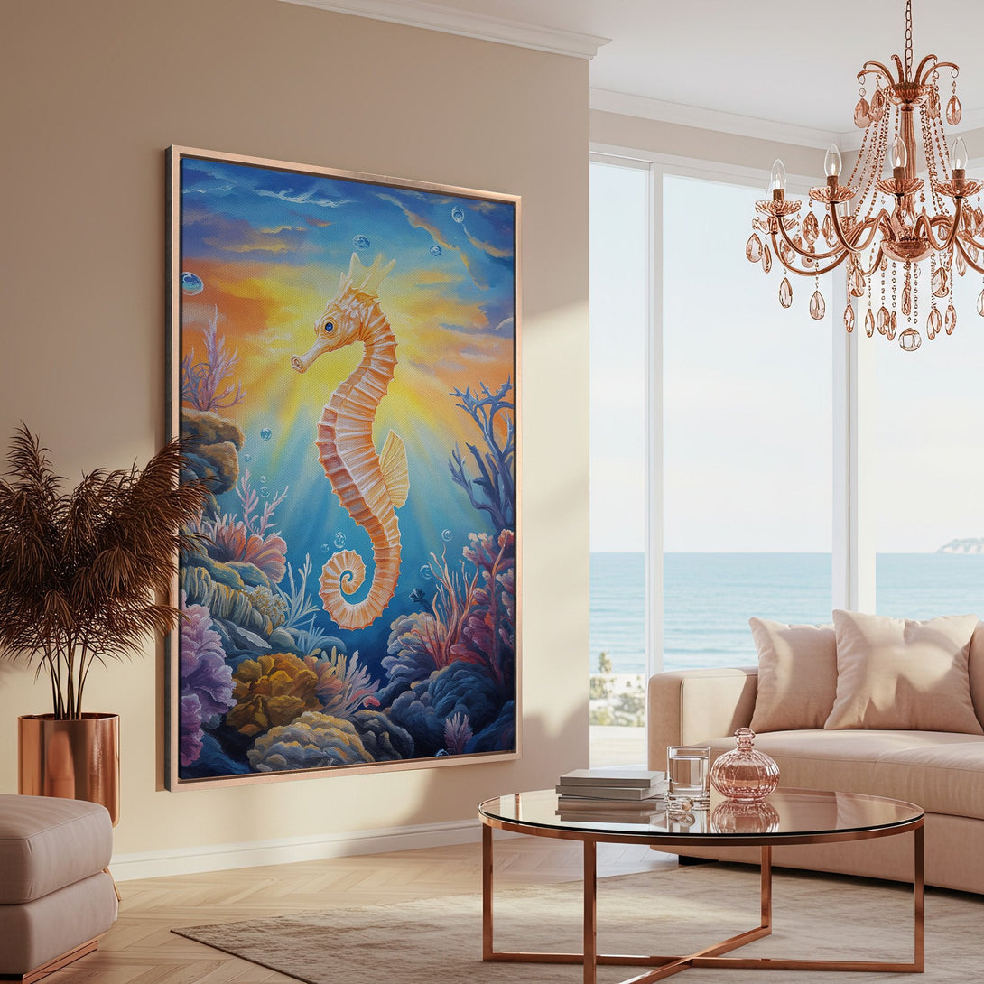 Framed Wall Art featuring a vibrant seahorse painting in a coastal home. Colorful artwork with blue, orange, and coral tones, perfect for beach decor.