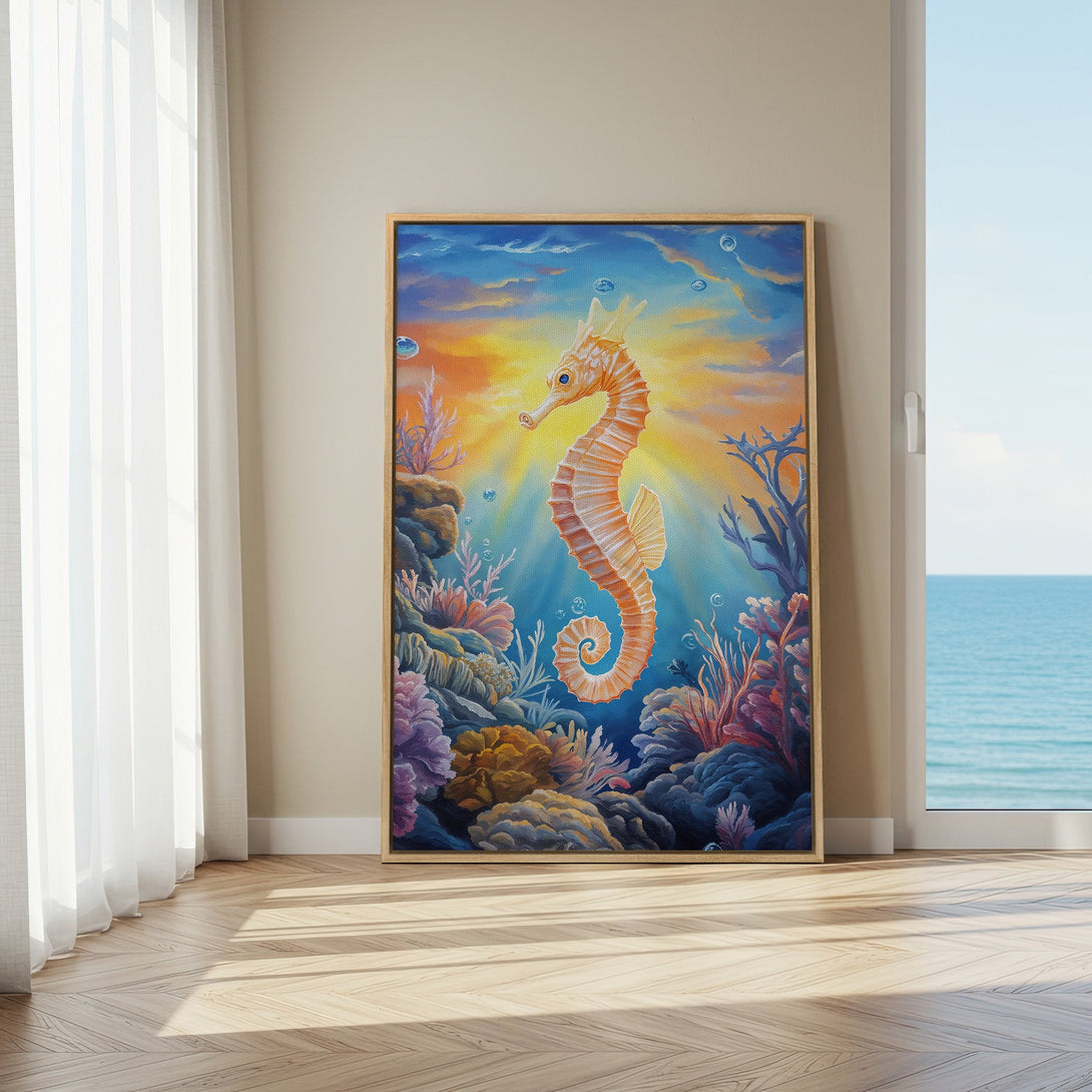 Framed Wall Art: Whimsical seahorse painting in vibrant blues, oranges, and purples. Coastal style canvas print perfect for any home decor.