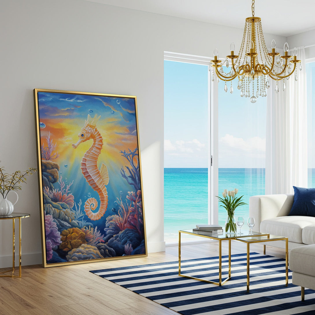 Canvas Print of a whimsical seahorse in vibrant coral reef setting, perfect for coastal decor. Features a warm, colorful palette.