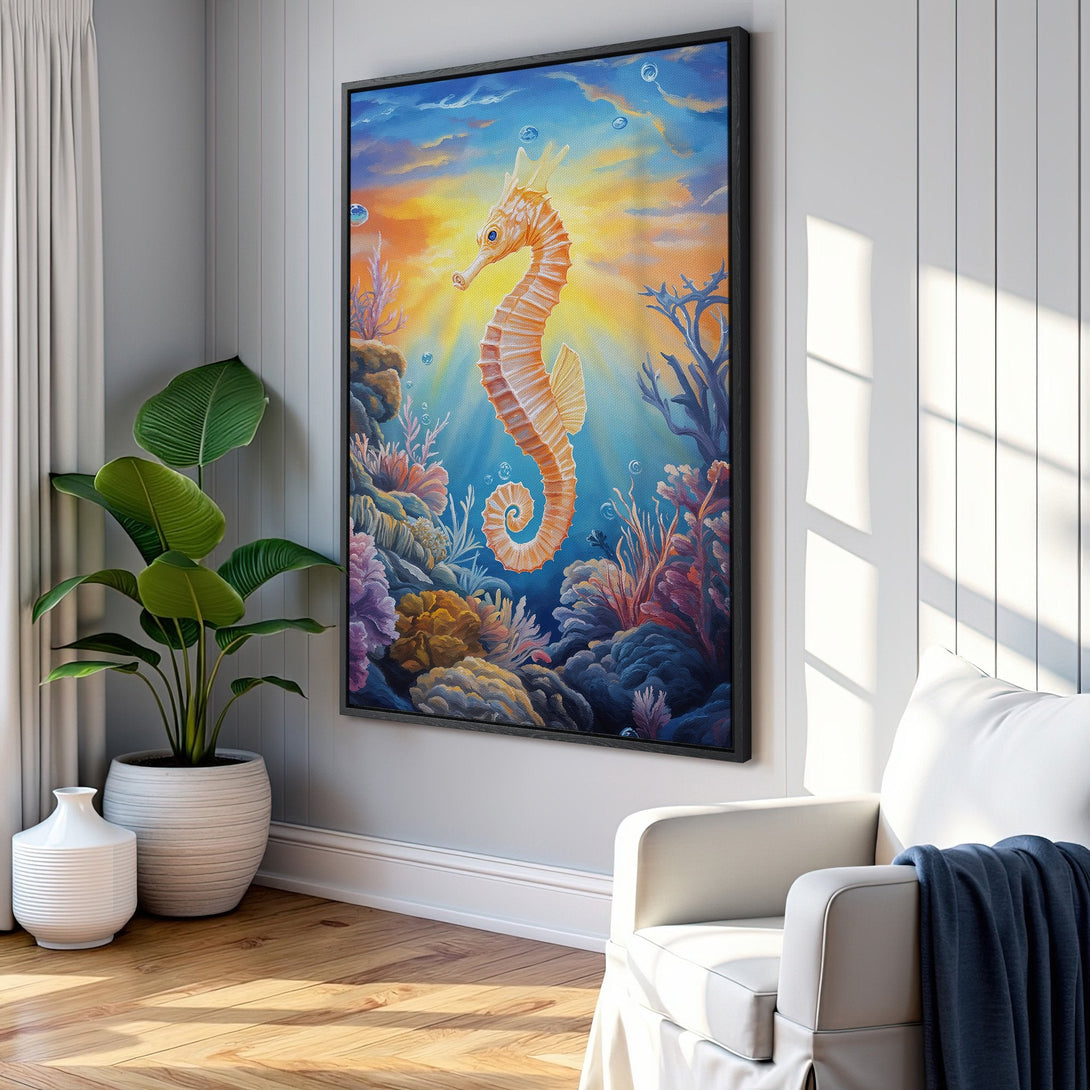 Framed Wall Art: Stunning seahorse painting in vibrant coral & blue tones. Coastal art perfect for any home. Bring the ocean to your walls!