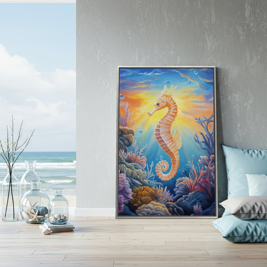 Framed Wall Art featuring a whimsical seahorse painting in vibrant blues, oranges, and purples. Coastal decor for a serene living space.