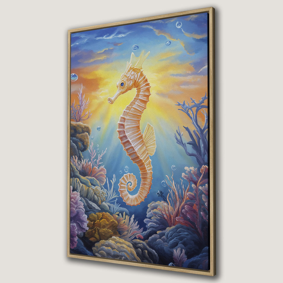 Framed Wall Art of a vibrant seahorse underwater. Warm orange and blue hues create a captivating marine scene. Perfect coastal decor!