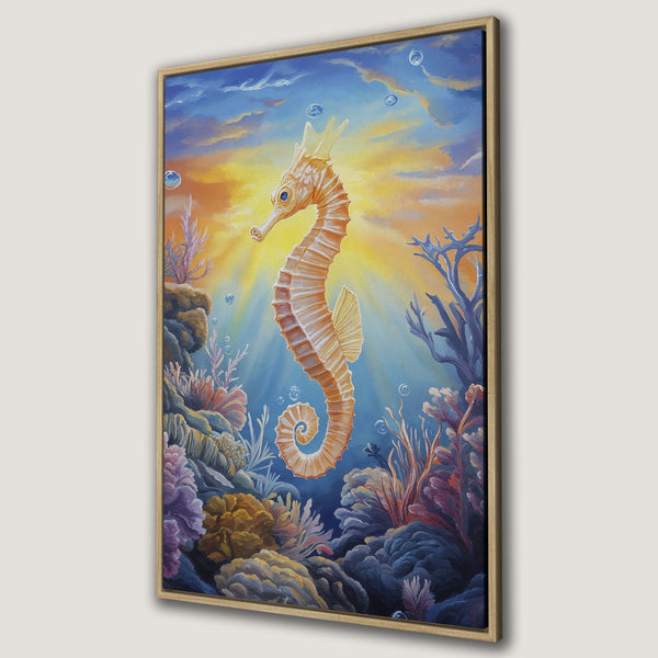 Framed Wall Art of a vibrant seahorse underwater. Warm orange and blue hues create a captivating marine scene. Perfect coastal decor!
