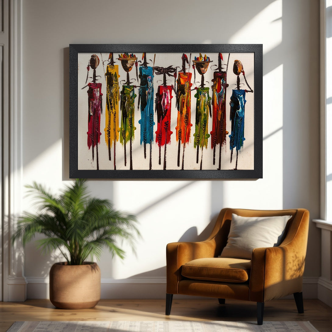 Framed Poster featuring colorful abstract figures. Modern art style with a vibrant, multi-color palette. Perfect wall decor!