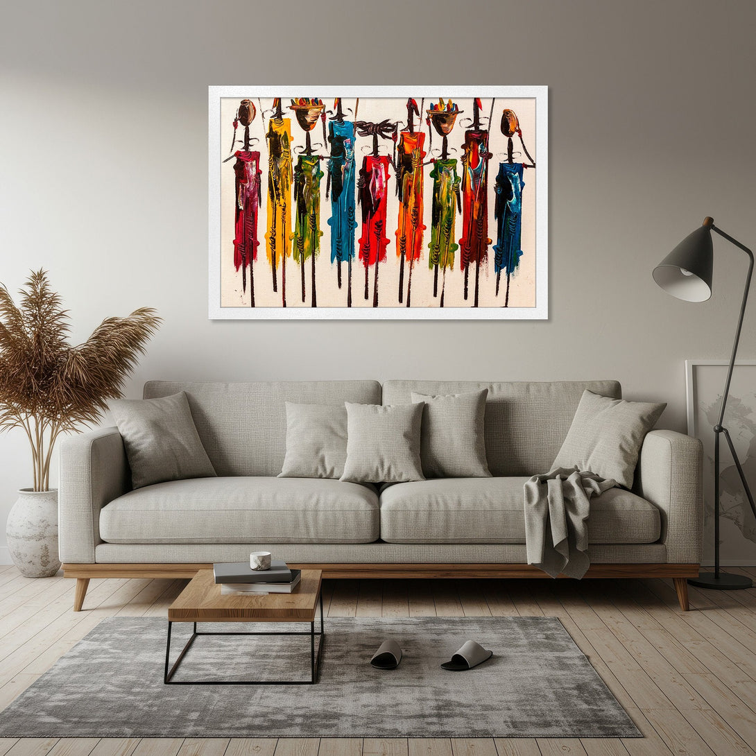 Framed Poster featuring colorful abstract figures, vibrant palette. Perfect wall art for modern home decor.