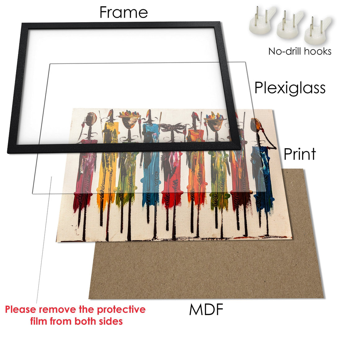 Framed Poster featuring colorful abstract figures, perfect wall art. Vibrant palette, ready to hang!
