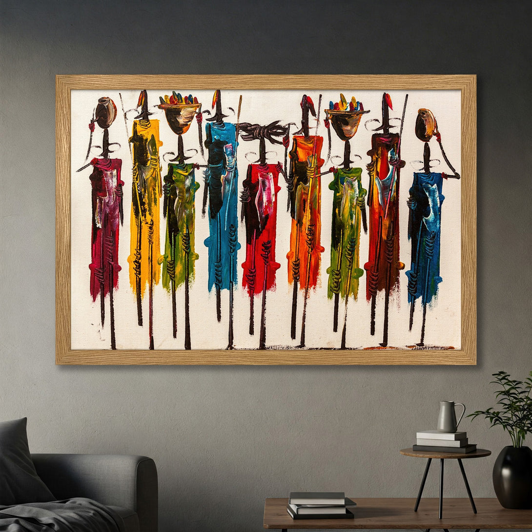 Framed Poster featuring abstract figures in vibrant colors. Modern art print with a colorful palette for home decor.