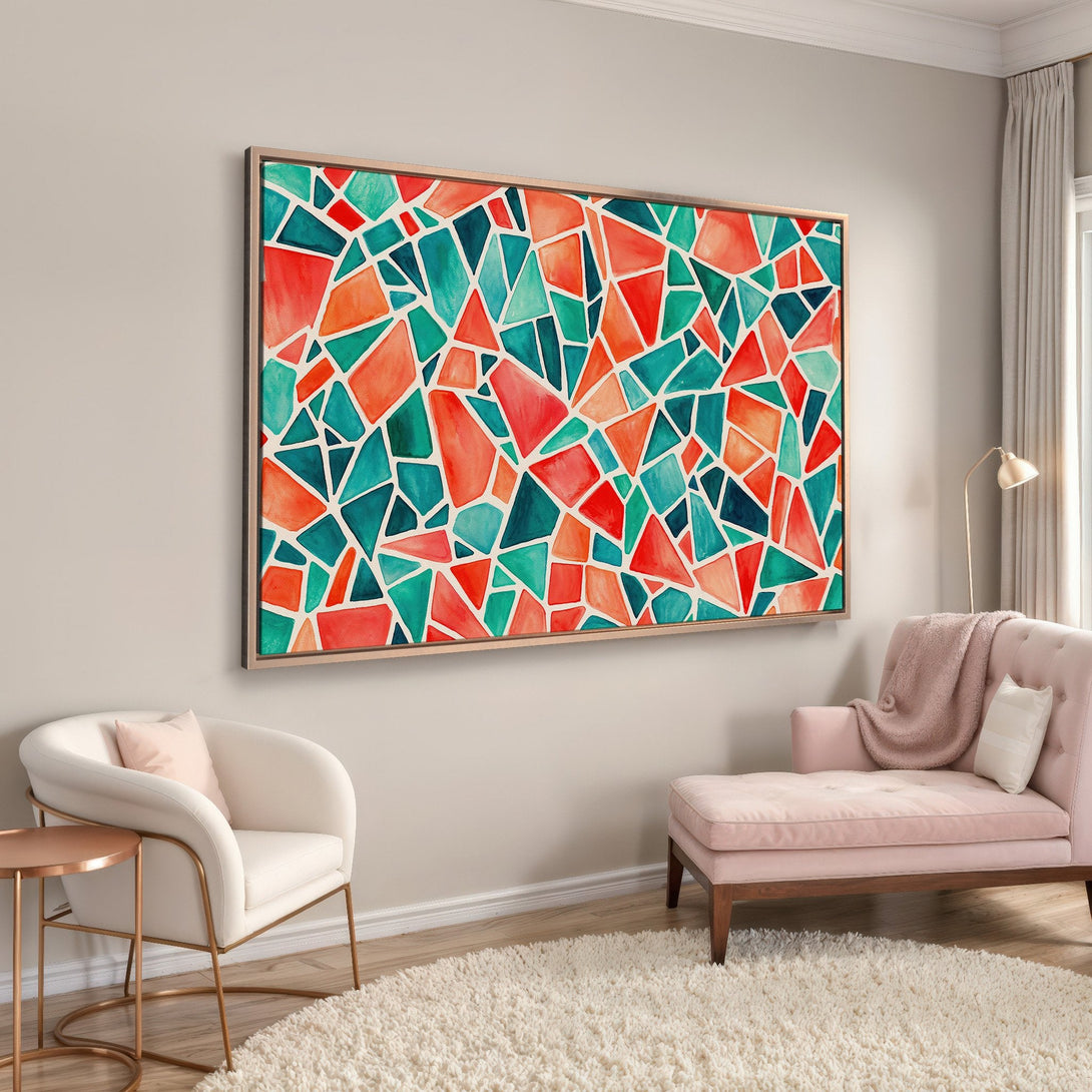 Framed Wall Art: Abstract geometric design in teal, orange, and red watercolor. Modern Canvas Print adds a pop of color to any interior space.