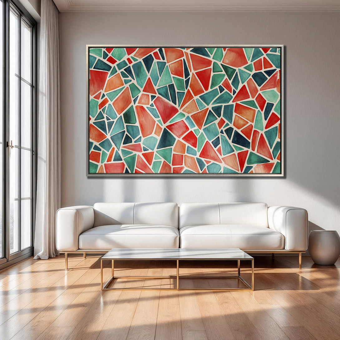 Framed Wall Art: Abstract geometric art in red, teal, and orange. Modern Canvas Print adds a pop of color to a living room.