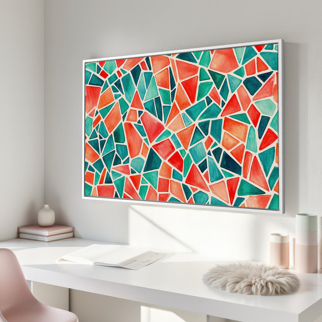 Framed Wall Art: Abstract geometric design in vibrant red, teal, and orange watercolor. Modern art canvas print for a stylish interior.