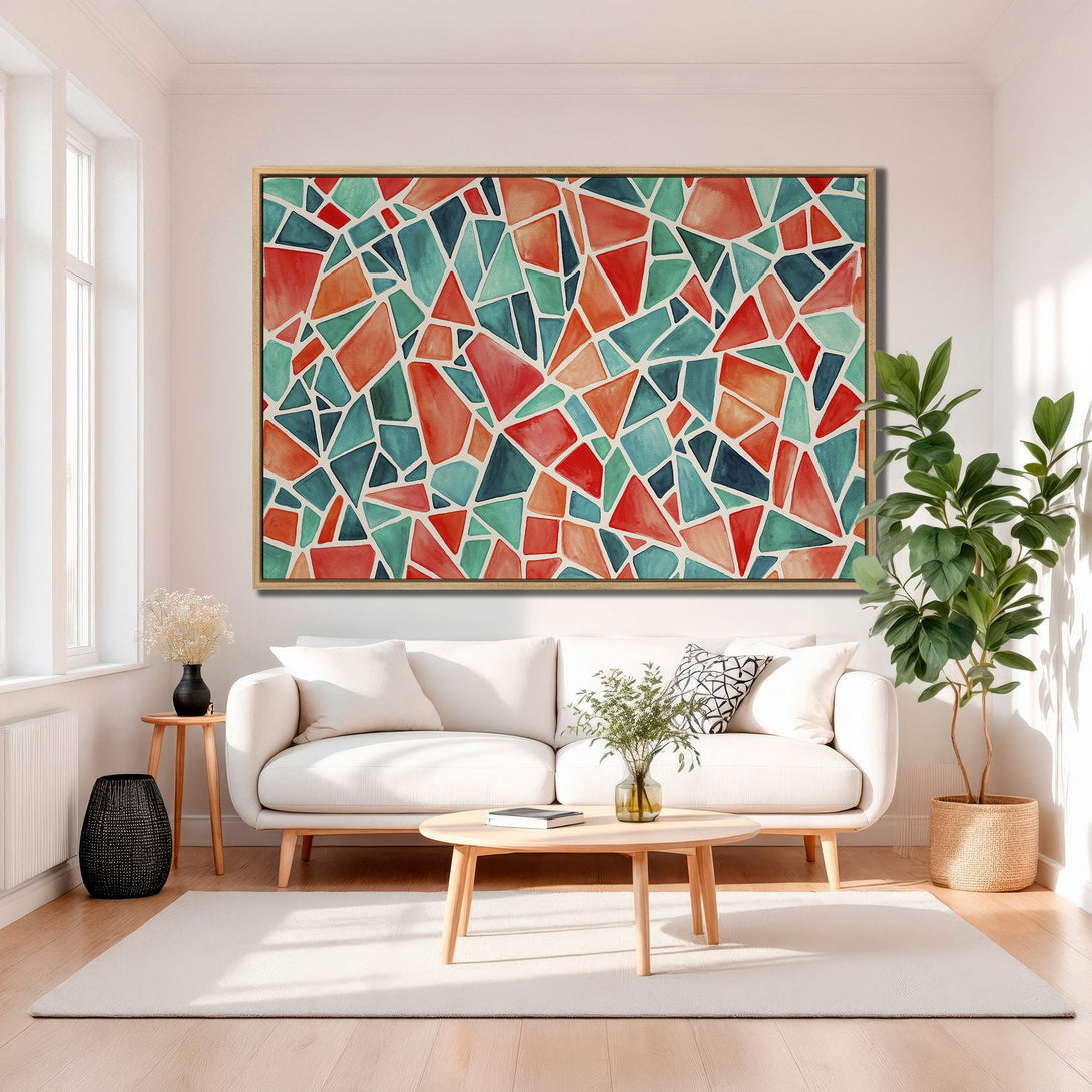 Framed Wall Art: Abstract watercolor mosaic in red, teal, and orange. Modern art canvas print adds vibrant color to any living room.