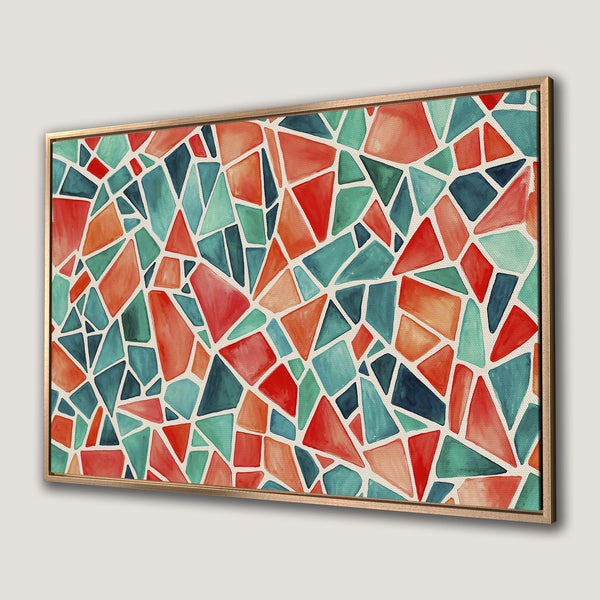 Framed Wall Art featuring abstract geometric watercolor design in vibrant red, teal, and orange hues. Modern art for home decor.