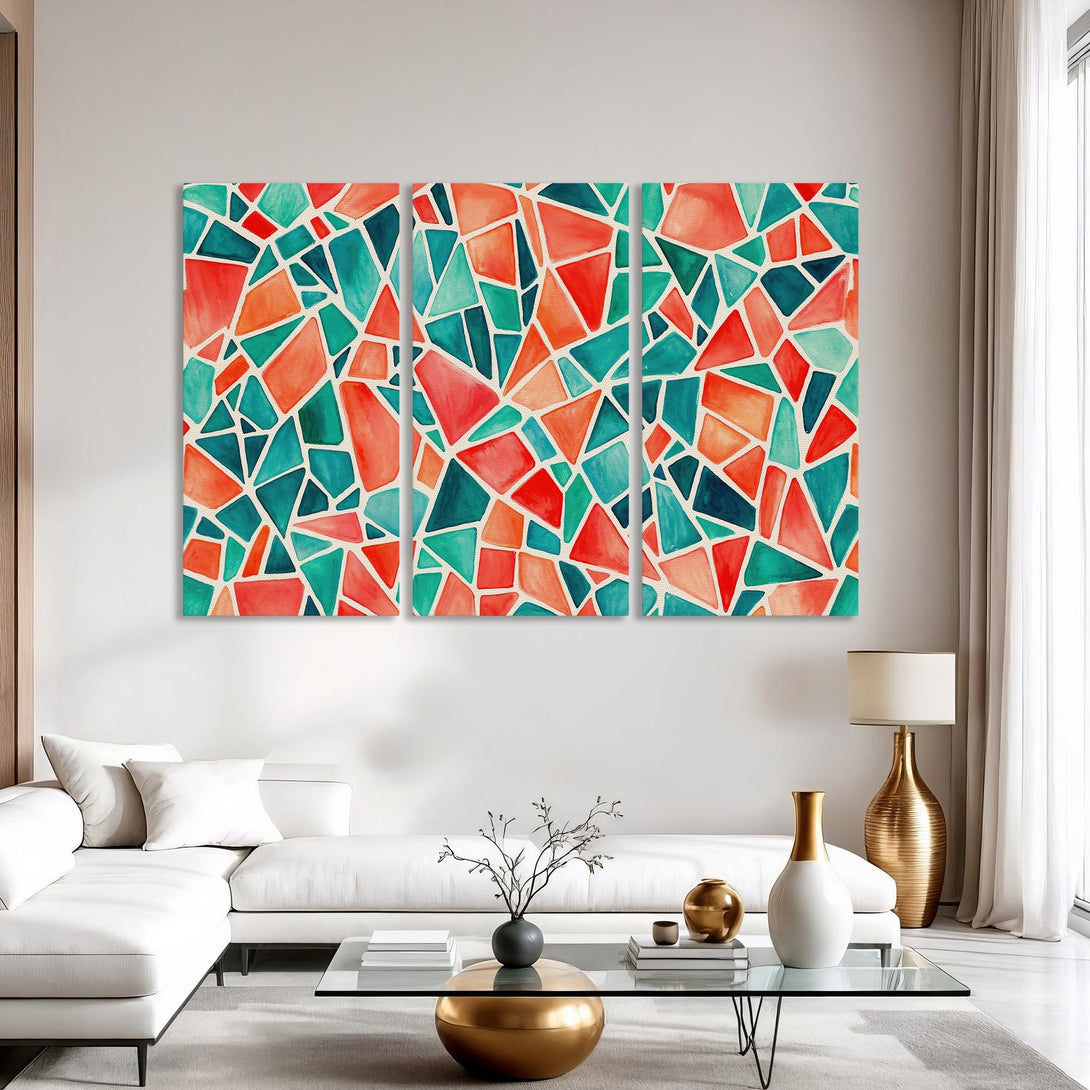 Abstract Canvas Print with geometric design in teal, orange, and red. Modern wall art for home decor.