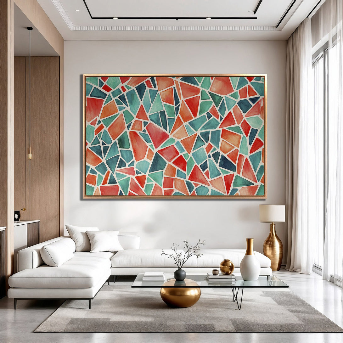 Framed Wall Art: Abstract geometric design in red, teal, and orange hues. Modern art piece adds a pop of color to any living room.