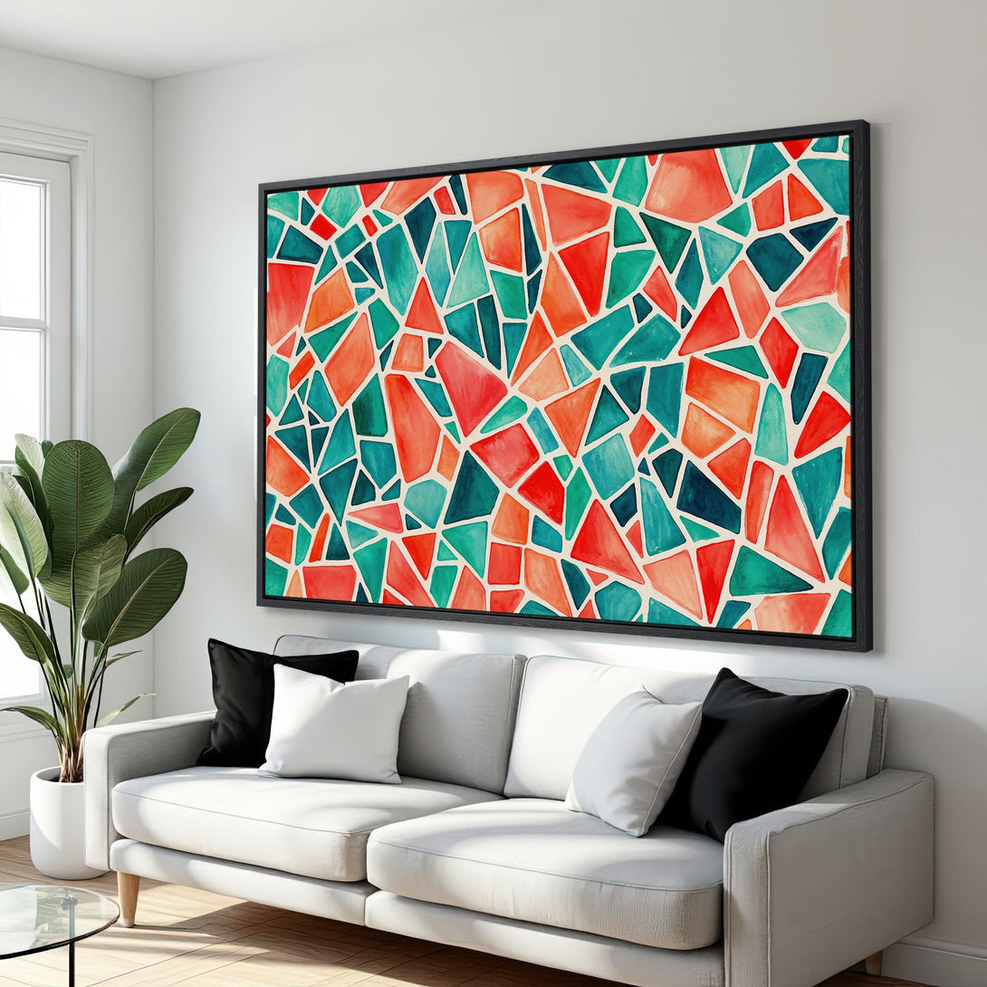 Framed Wall Art: Abstract watercolor mosaic in vibrant red, teal, and orange. Modern art canvas print adds a pop of color to any interior.