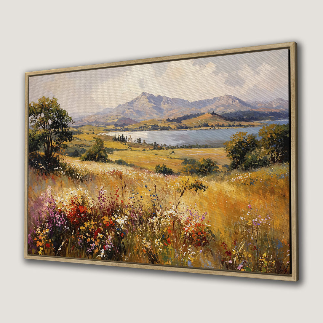 Canvas Print: Landscape painting with wildflowers, mountains, and lake. Warm, vibrant color palette in an impressionistic style. Perfect wall art.