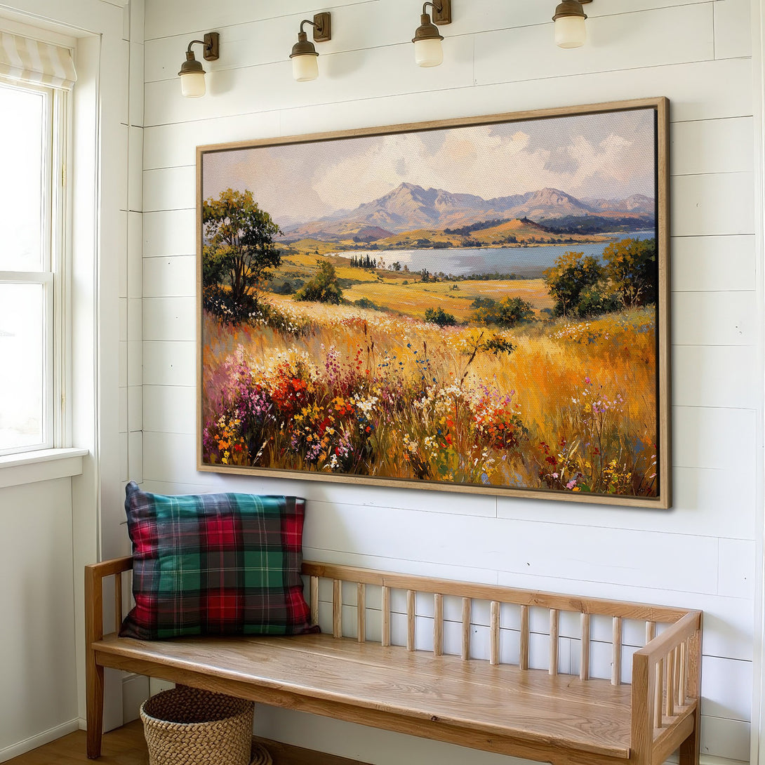 Framed Wall Art: Landscape painting with warm yellow and orange tones. Adds a touch of nature and style to any interior.