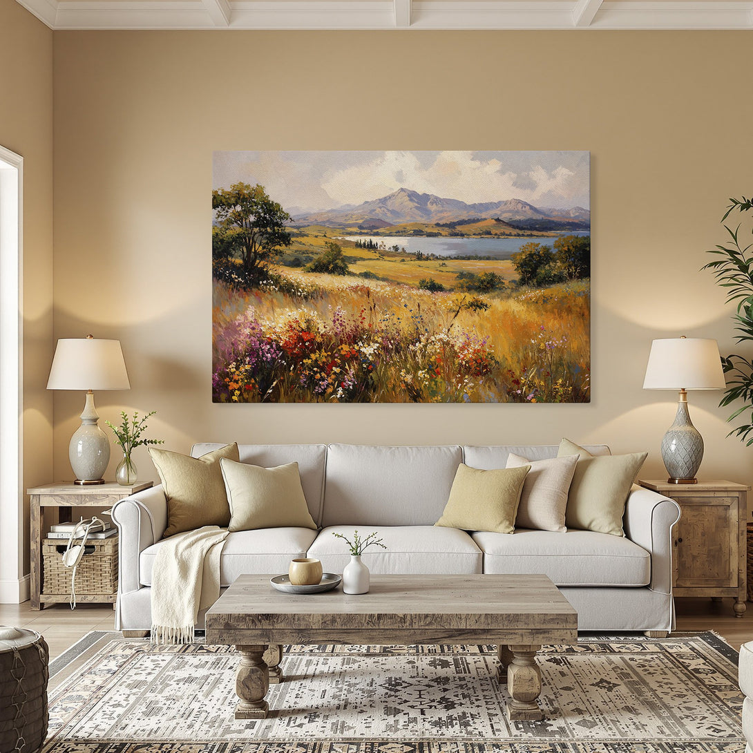 Framed Wall Art: Landscape Canvas Print with a warm, impressionistic style. Features a vibrant field and mountains, with a golden, natural color palette.