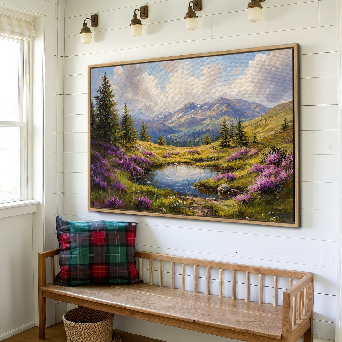 Framed Wall Art: Mountain landscape Canvas Print in a rustic interior. Featuring a vibrant, impressionistic style with purple, green, and blue hues.