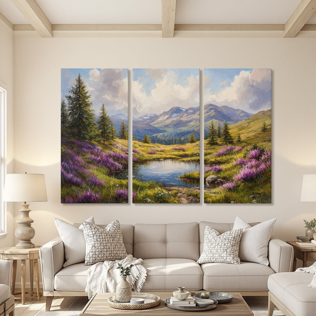 Canvas Print of a serene mountain landscape in a warm interior. Features vibrant colors of purple, green, and blue in an impressionistic style. Perfect wall decor!