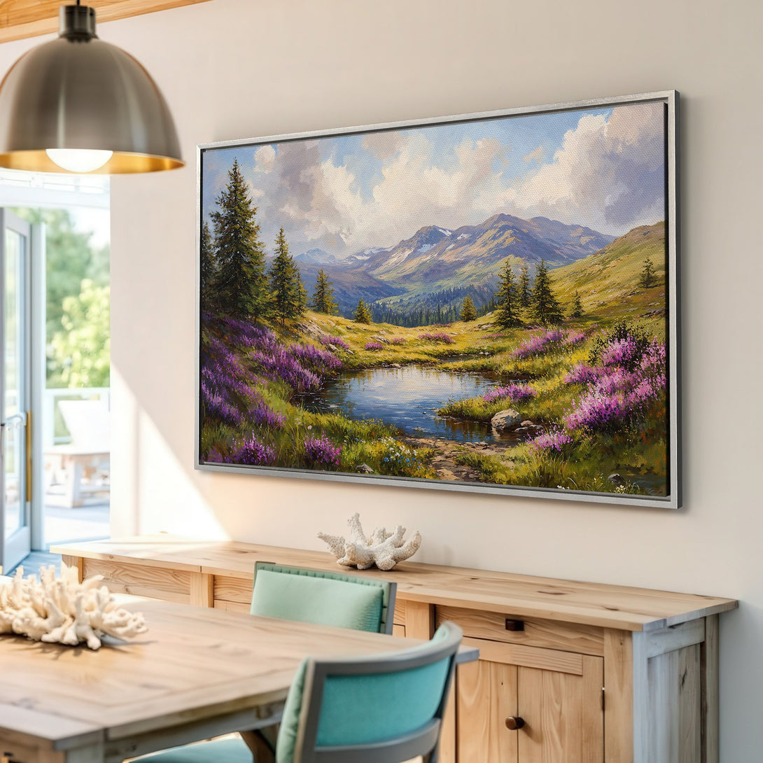 Framed Wall Art: Landscape Canvas Print of serene mountain scene with lake, vibrant purple flowers, and a calming color palette. Perfect for home decor.