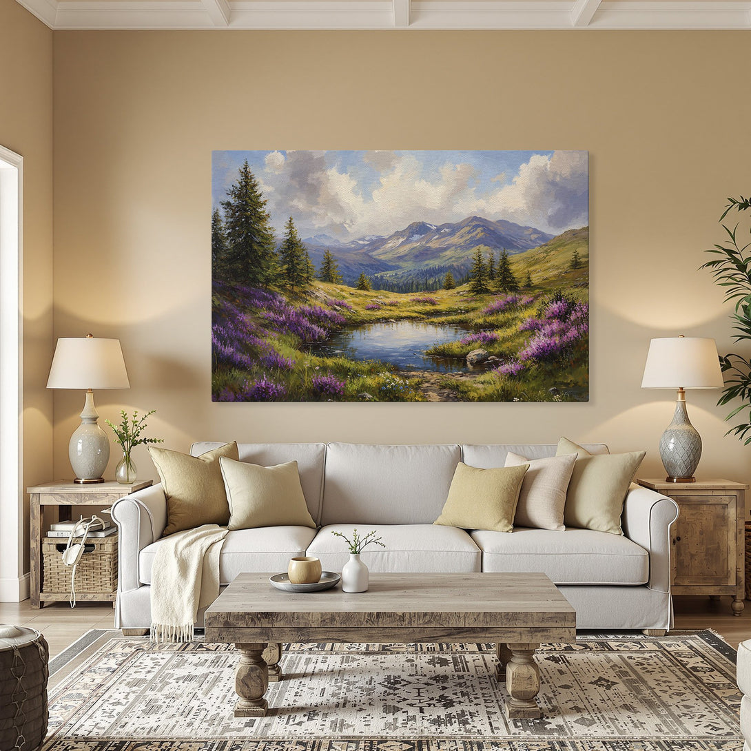 Framed Wall Art: Majestic mountain landscape Canvas Print in a warm interior. Features vibrant blues, greens, purples, and yellows. Perfect for adding a touch of nature.