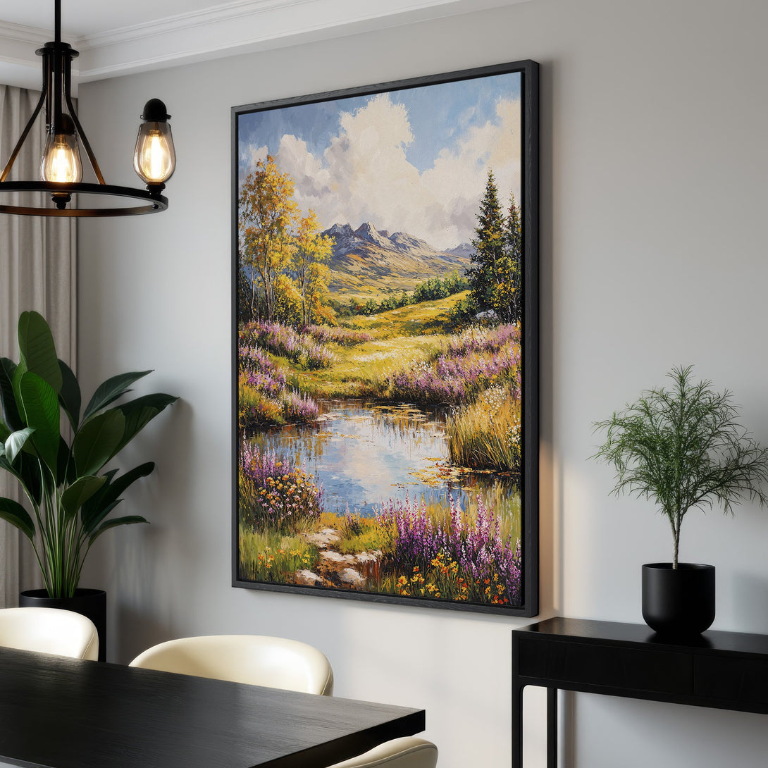Framed Wall Art: Landscape painting with vibrant colors. Featuring a serene pond and mountain view. Perfect for adding a touch of nature to your home decor.