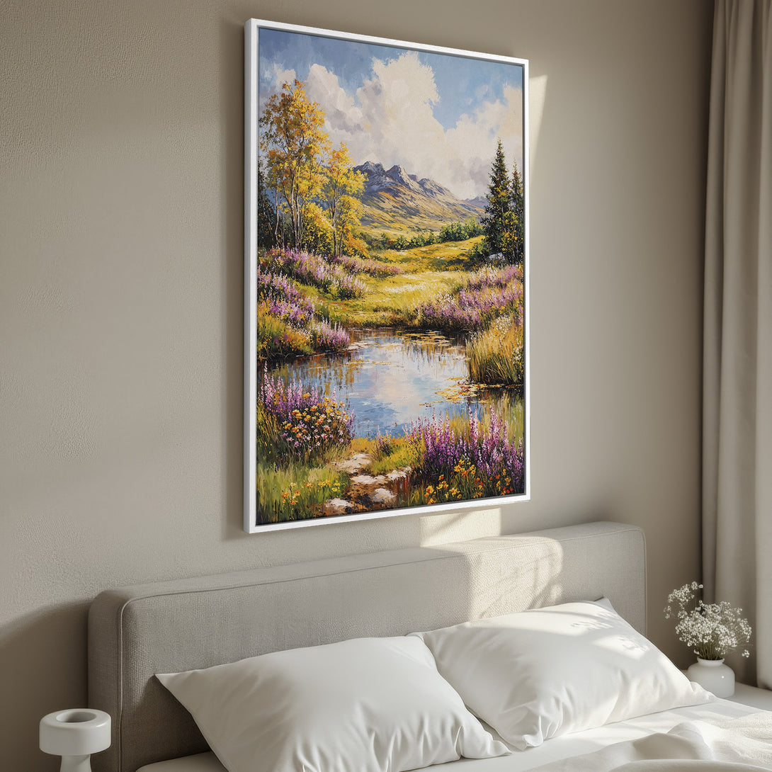 Framed Wall Art: Impressionist landscape painting with vibrant colors. Featuring a serene lake and mountain view. Perfect for adding a touch of nature to your home decor.