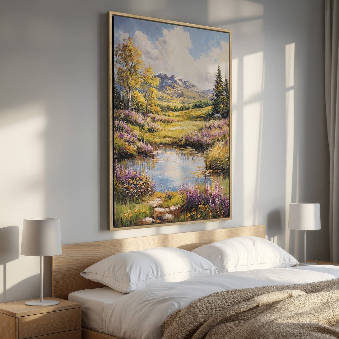 Framed Wall Art: Landscape painting with vibrant colors. Serene nature scene with lake, mountains, and yellow/purple hues. Perfect bedroom decor.