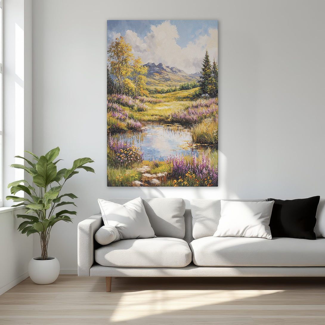Framed Wall Art: Landscape Canvas Print in a bedroom. Features a serene meadow scene with a vibrant color palette of blues, greens, and yellows. Perfect home decor.