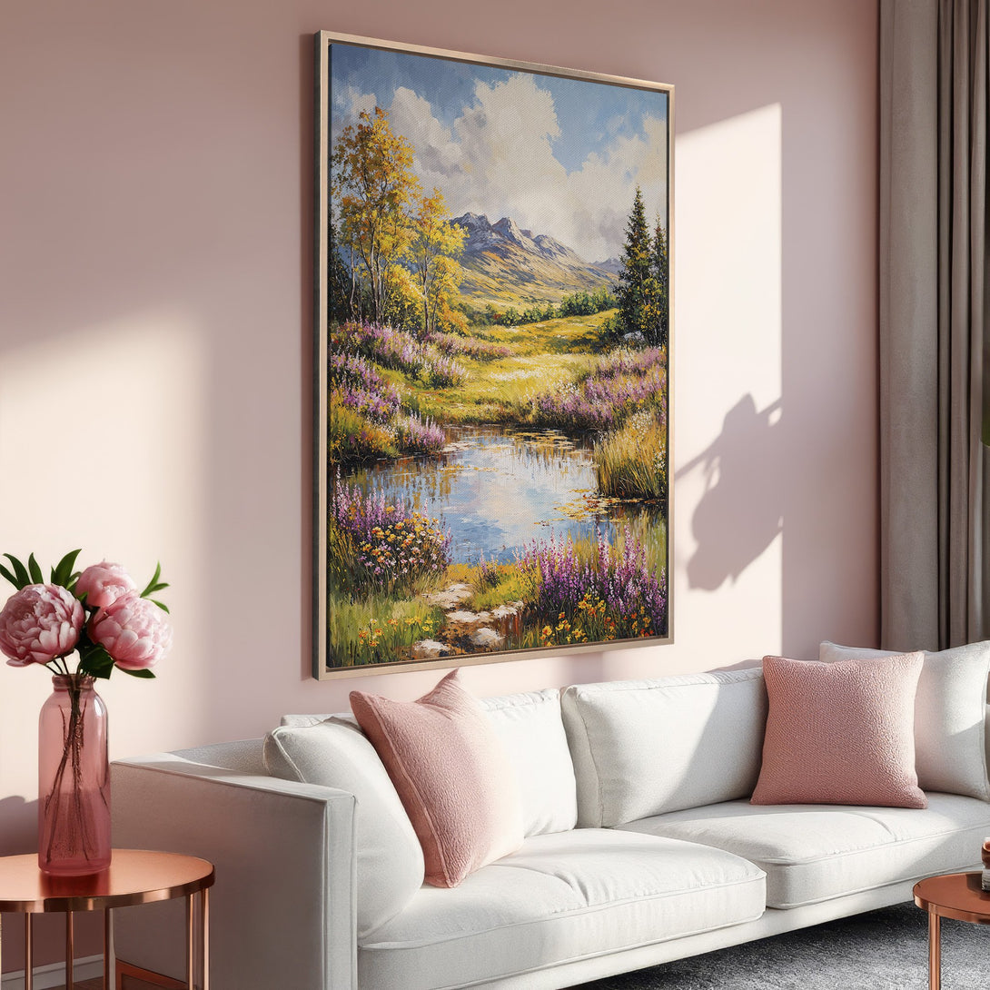 Framed Wall Art: Landscape Canvas Print with a serene pond scene in warm yellow, purple, and blue tones. Perfect for adding a touch of nature to your space.
