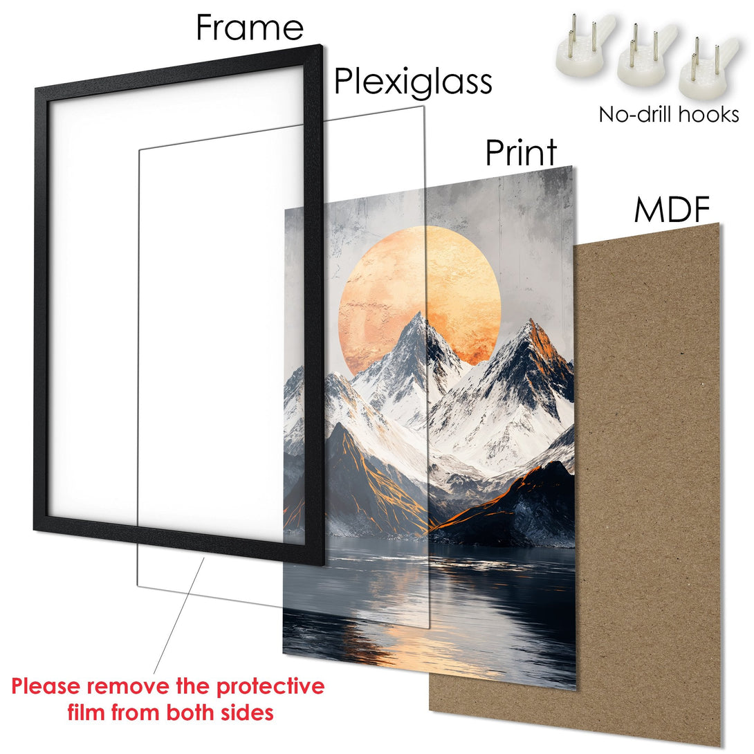 Framed Poster featuring a mountain landscape with a warm color palette. Perfect wall art for any room!