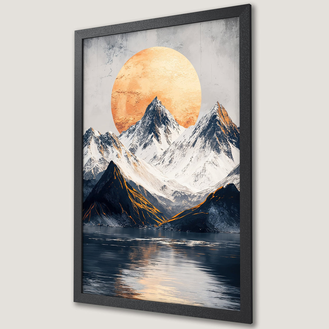 Framed Poster of mountain landscape with a warm color palette, perfect for home decor. Abstract art style.
