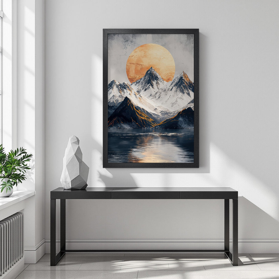 Framed Poster featuring a mountain landscape in a modern style with a warm color palette. Perfect wall art for your home!