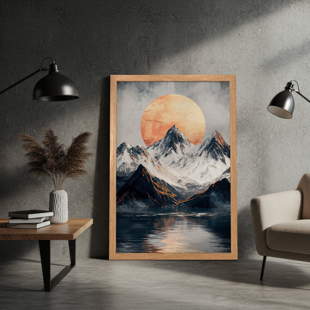 Framed Poster featuring a mountain landscape with a warm color palette. Perfect wall art for a modern home. Shop now!