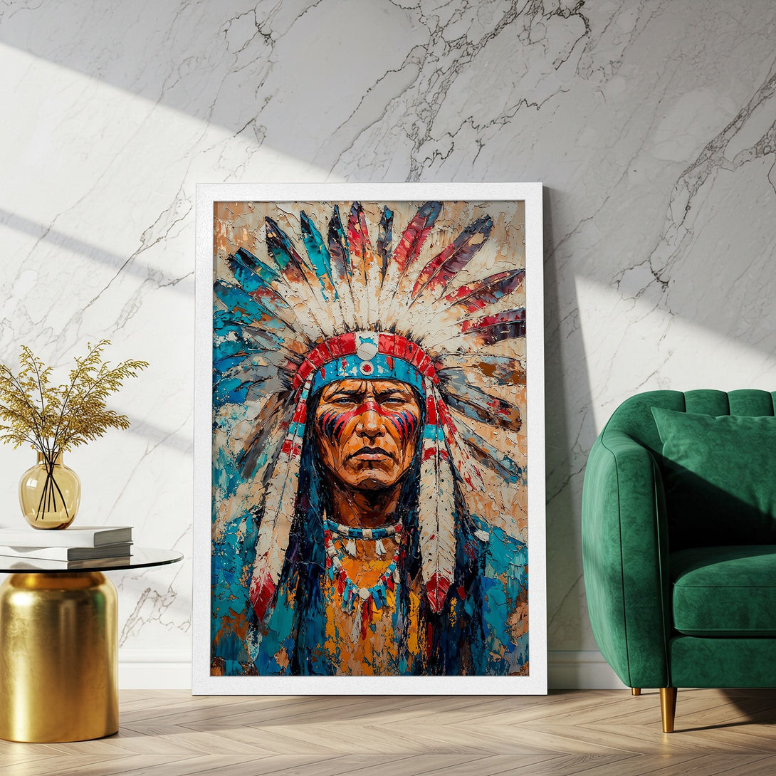 Framed Poster of Native American Chief in vibrant colors. Perfect art for your home!