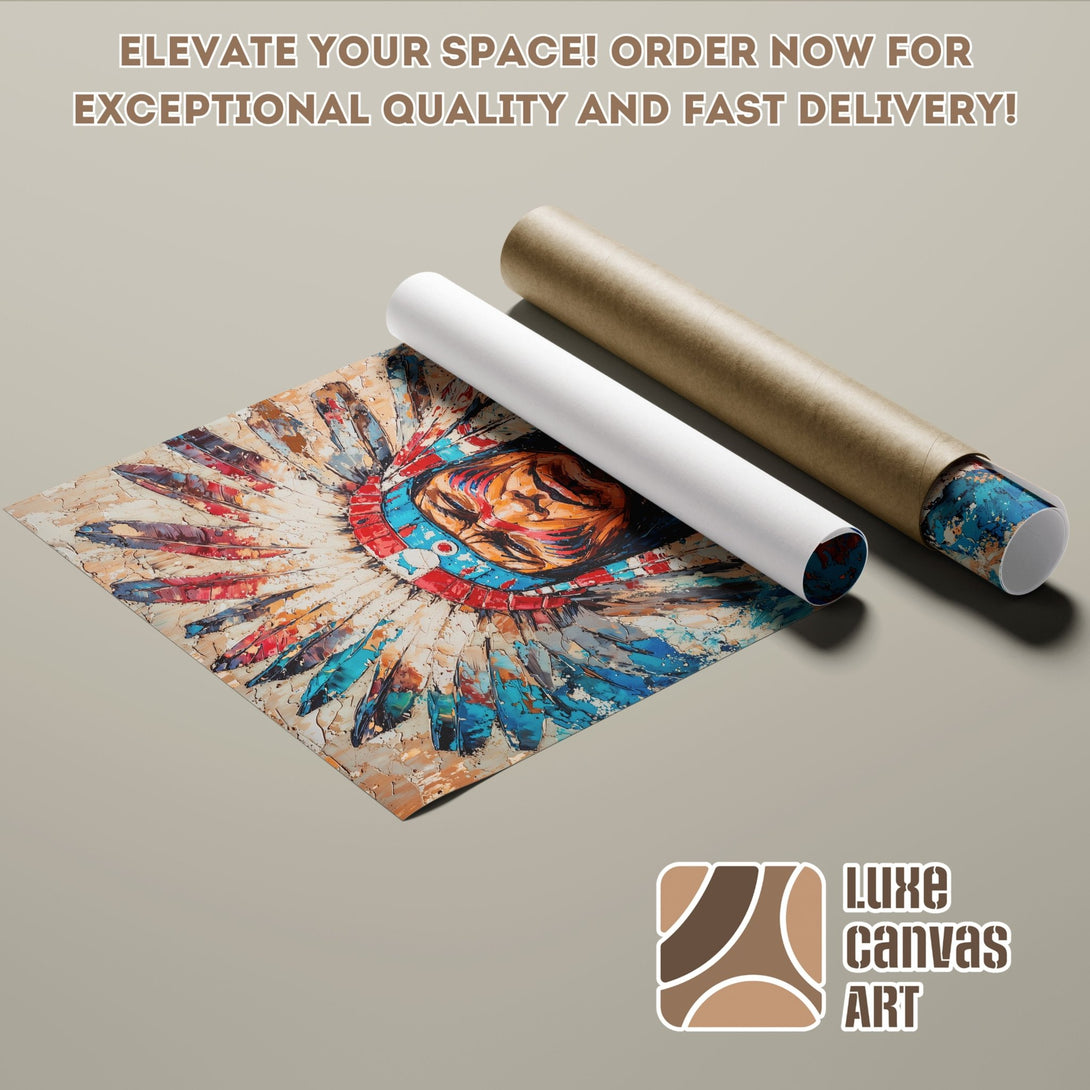 Native American headdress art poster roll. Vibrant colors and textured style. Elevate your space! Order now.
