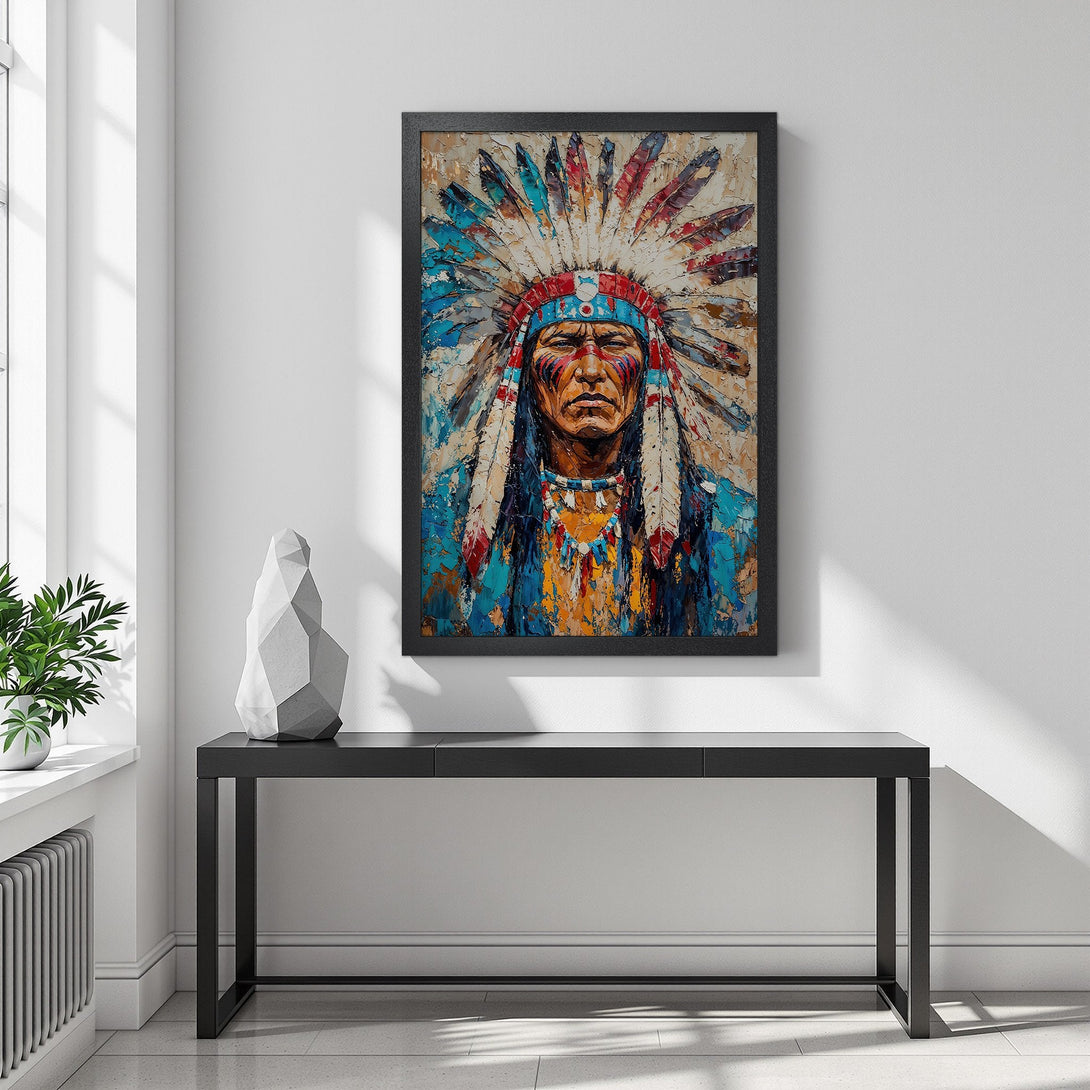 Framed Poster of Native American Chief. Textured art with vibrant blues, reds, and earth tones. Perfect wall decor for any space.