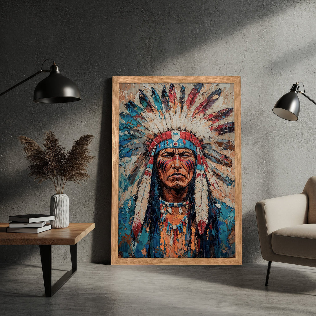 Framed Poster featuring a Native American chief portrait in a vibrant, textured style with a colorful palette. Perfect wall art!