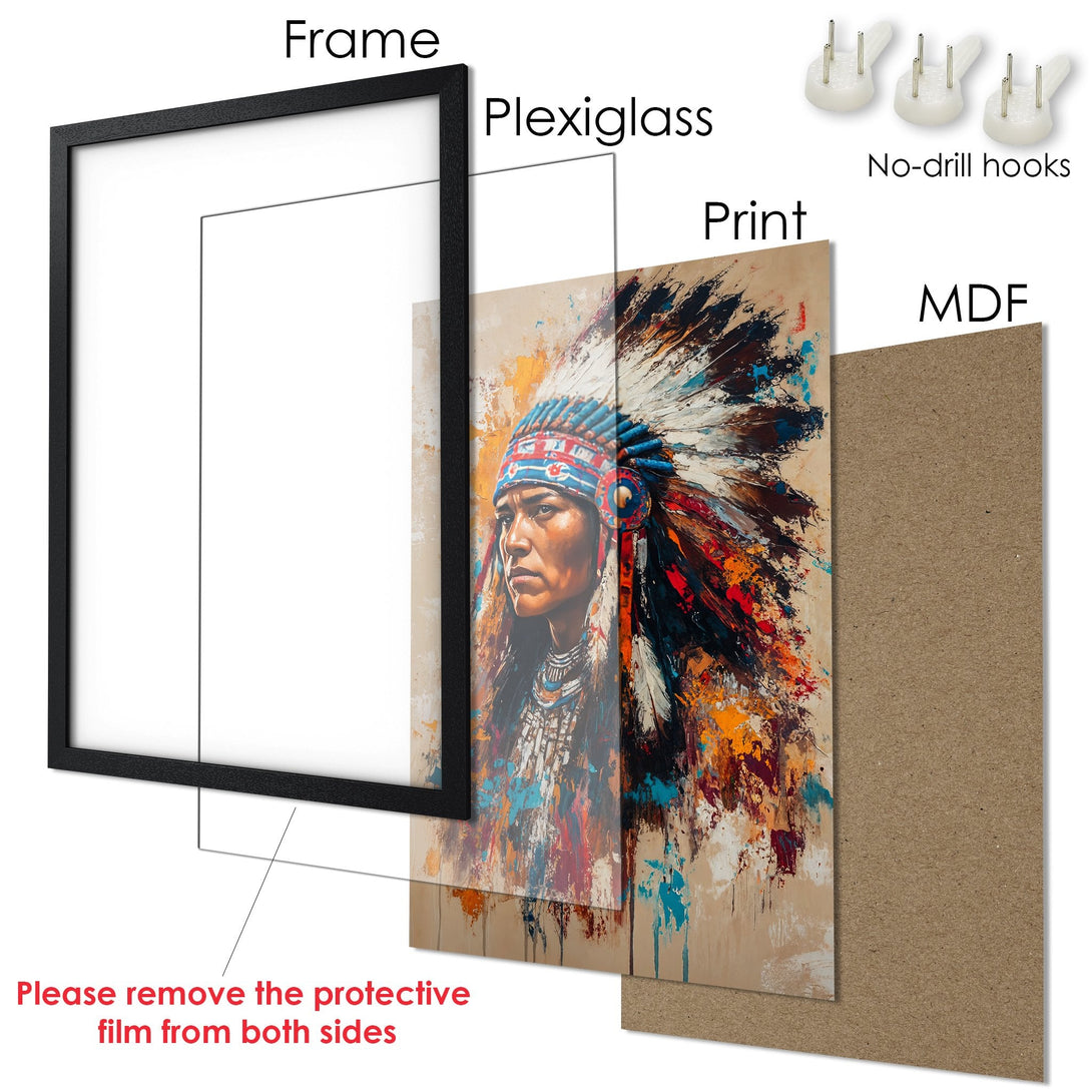 Framed Poster featuring a Native American portrait in a colorful, expressive style. Earth tones with pops of blue, orange, and red.