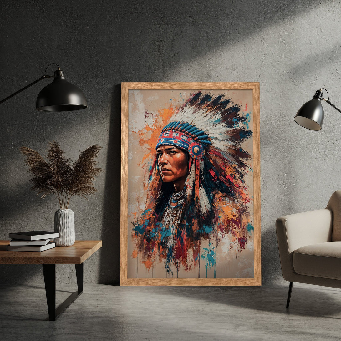 Framed Poster featuring a Native American portrait in vibrant, abstract style with a warm color palette. Add a touch of art to your space!