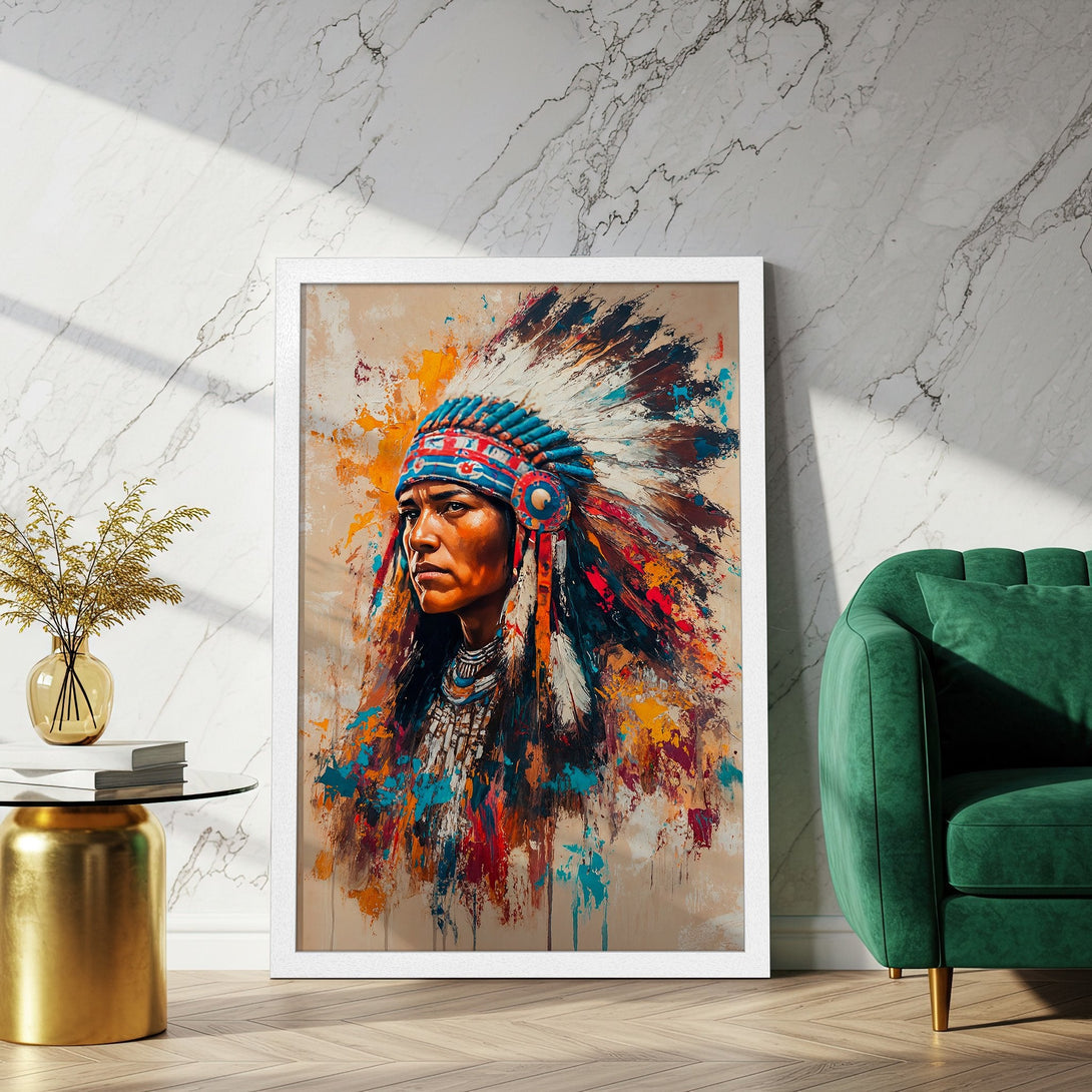 Framed Poster featuring a Native American portrait in vibrant, abstract style with a warm, colorful palette. Perfect wall art!