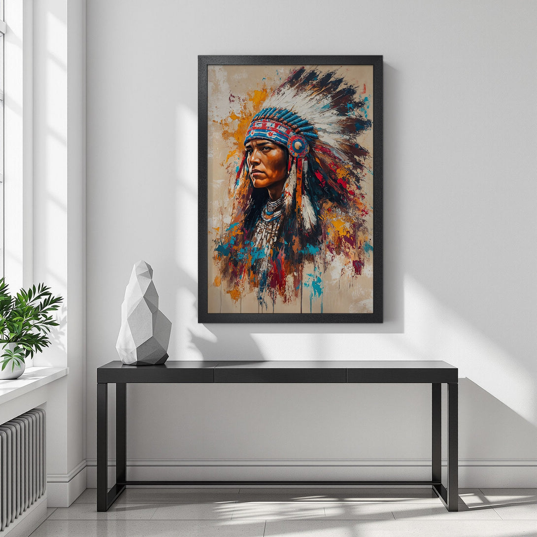 Framed Poster featuring Native American portrait, vibrant colors & expressive brushstrokes. Perfect wall art for any space.