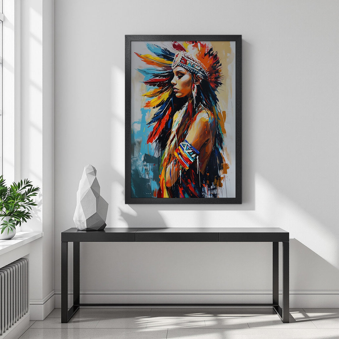 Framed Poster featuring Native American woman. Colorful abstract art with vibrant blues, reds, and yellows. Perfect wall decor!