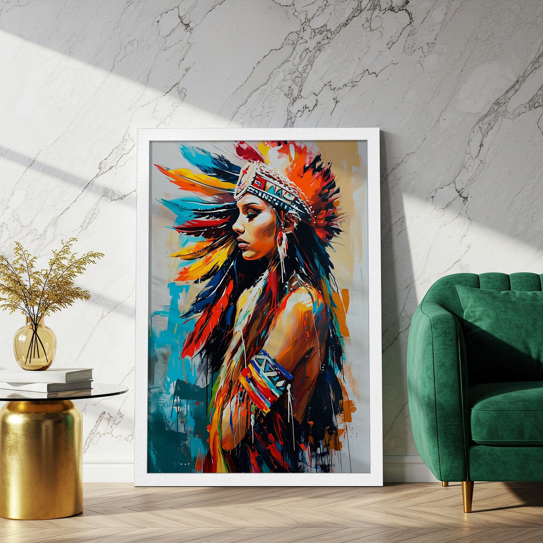 Framed Poster featuring a Native American woman in vibrant, colorful abstract art. Perfect wall decor!