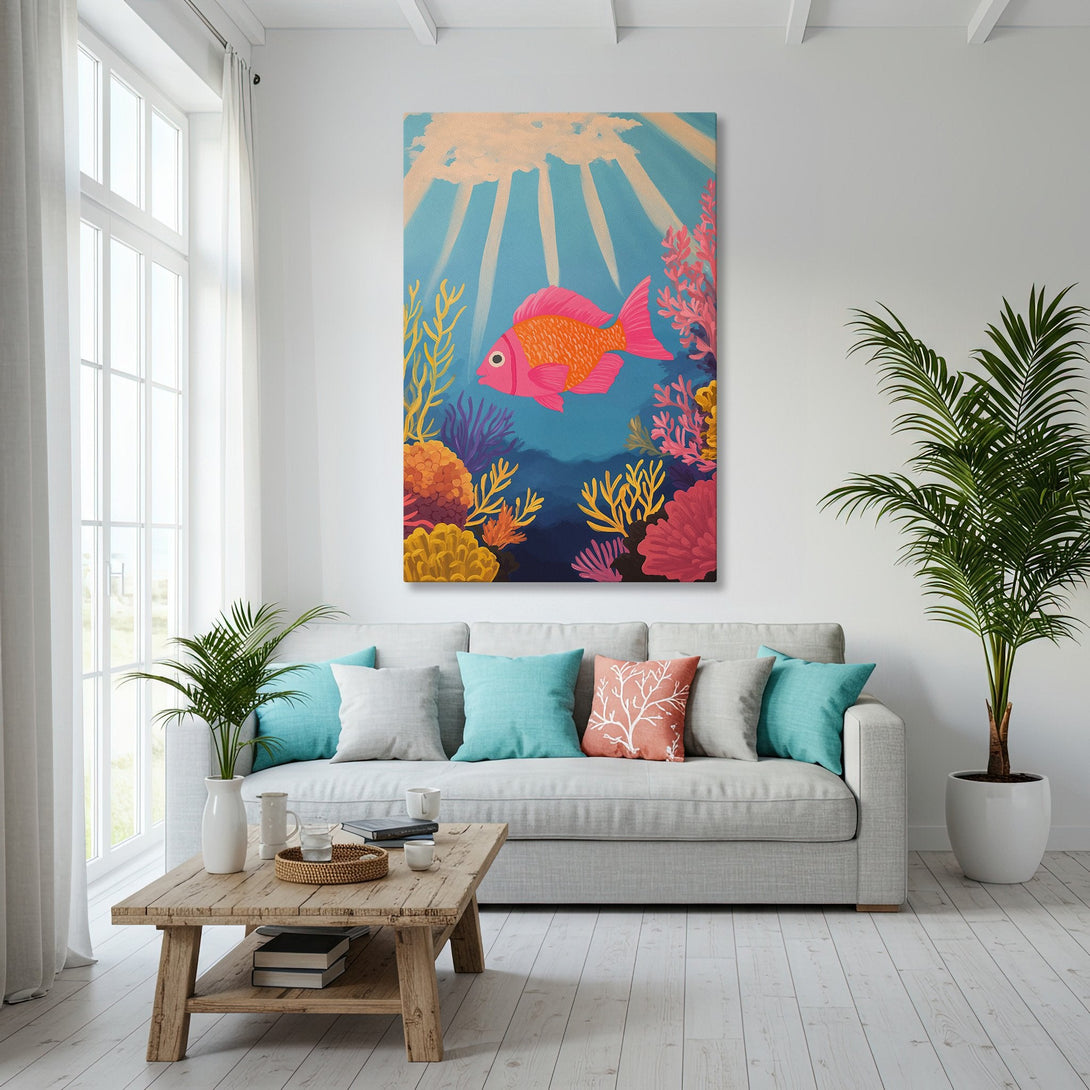 Framed Wall Art featuring a vibrant coral reef scene with a pink fish. Coastal-inspired art with a blue, orange, and pink color palette, perfect for adding a pop of color.