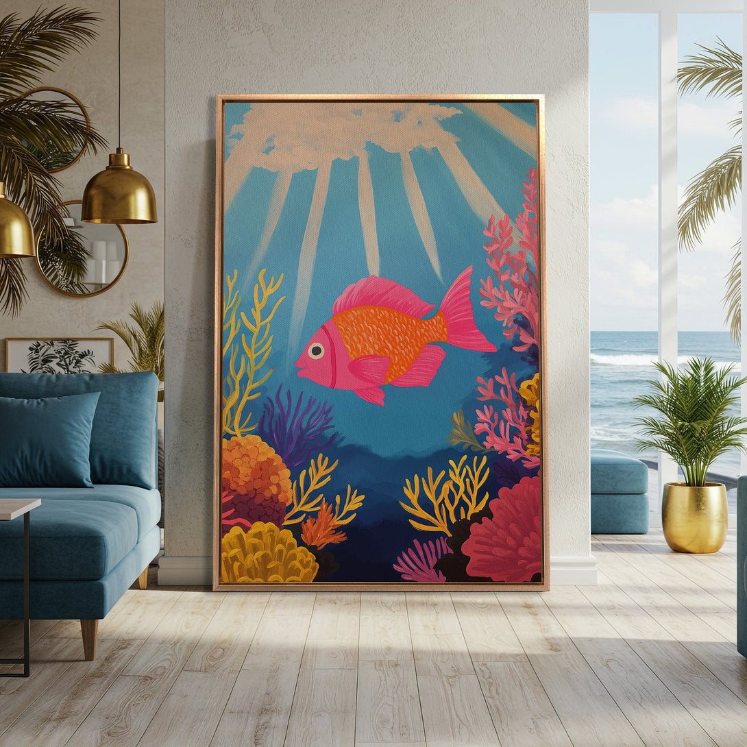 Framed Wall Art: Vibrant fish art in a coastal interior. Playful illustration with a coral reef scene in pink, orange, and blue hues. Perfect for adding a pop of color!